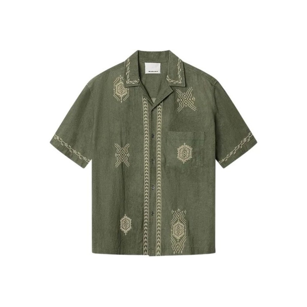 Isabel Marant Zekim Embroidered Short Sleeve Shirt Light Khaki Green Mens M NEW